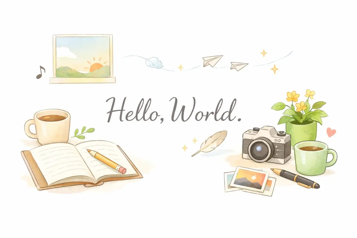 白い背景に「Hello, World.」の文字が中央に描かれ、ノートやコーヒーカップ、カメラ、植物、朝日が差し込む窓などが柔らかなイラスト調で配置された、日常と思考の始まりを表現したアイキャッチ画像。