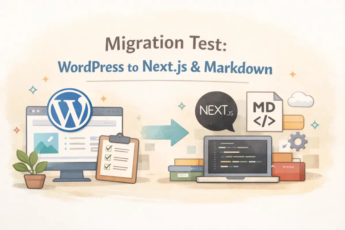 WordPressからNext.jsとMarkdownへブログ記事を移行する流れを示したイラスト